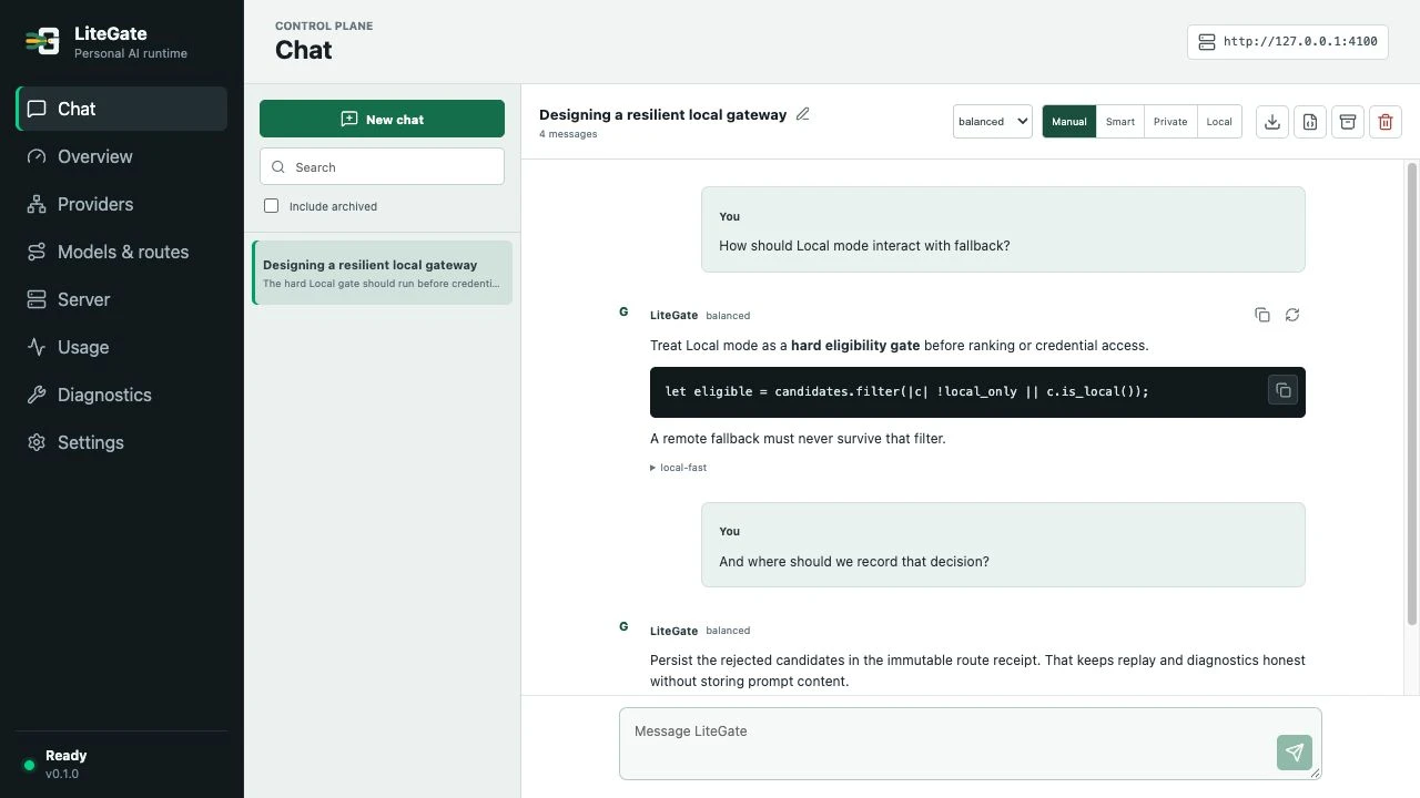 LiteGate Chat with an example conversation, conversation history and model selection controls.
